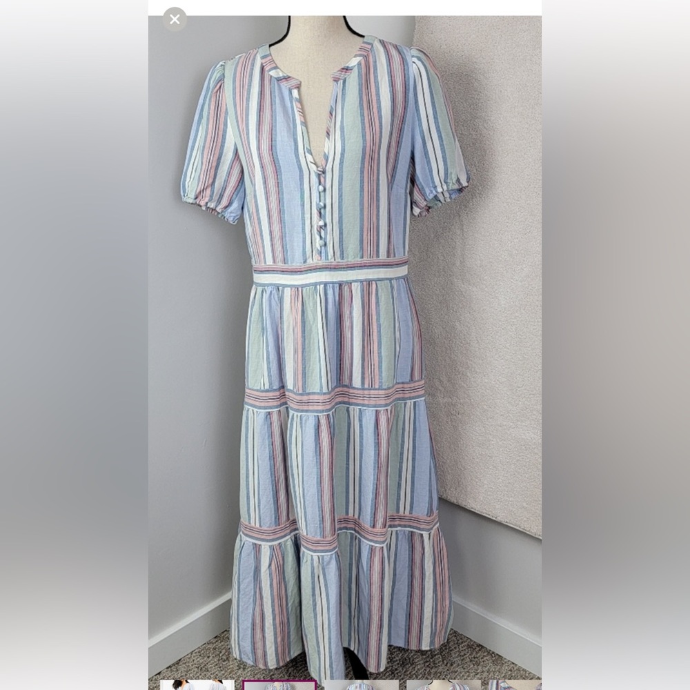LOFT Multi Color Striped Preppy Linen Blend Button V-Neck Tiered Dress, Size 16